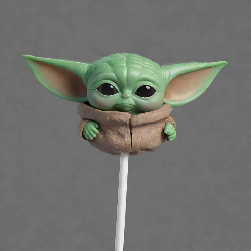 Create an image of a lollipop resemblance of Baby Yoda, with his iconic green color and large eyes.