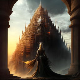 The ancient city under the watchful gaze of the powerful and majestic Ubermensch queen, symbolizing strength and enlightenment.