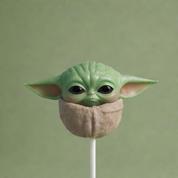 Create an image of a lollipop resemblance of Baby Yoda, with his iconic green color and large eyes.