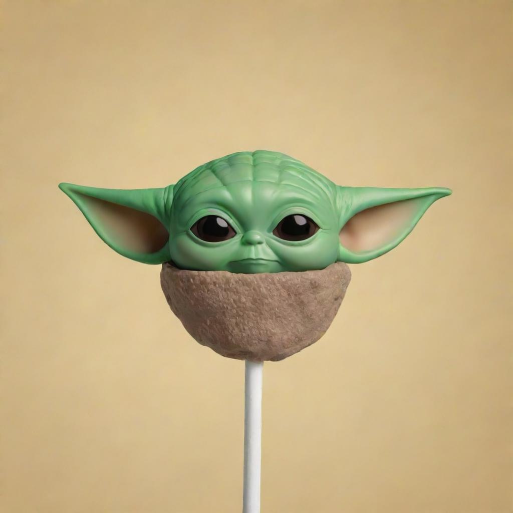 Create an image of a lollipop resemblance of Baby Yoda, with his iconic green color and large eyes.