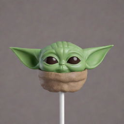 Create an image of a lollipop resemblance of Baby Yoda, with his iconic green color and large eyes.