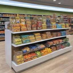 A shopping center display creatively showcasing chilled, healthy children's products, with various items attractively arranged for visual appeal.