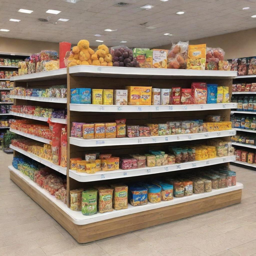 A shopping center display creatively showcasing chilled, healthy children's products, with various items attractively arranged for visual appeal.