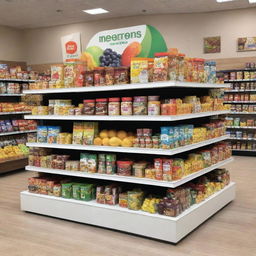 A shopping center display creatively showcasing chilled, healthy children's products, with various items attractively arranged for visual appeal.