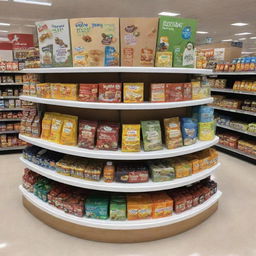 A shopping center display creatively showcasing chilled, healthy children's products, with various items attractively arranged for visual appeal.