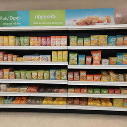 A range of healthy children's products, attractively displayed in refrigerated sections of a bustling shopping center.