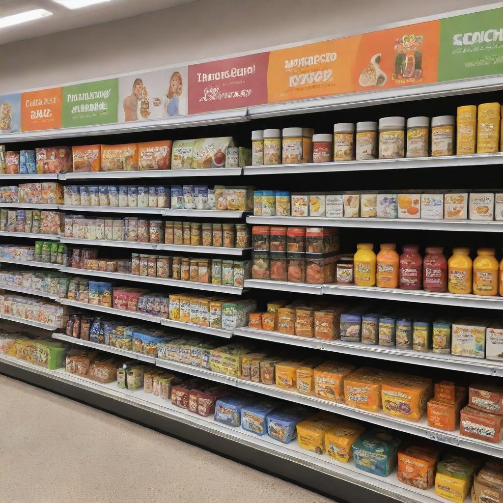 A range of healthy children's products, attractively displayed in refrigerated sections of a bustling shopping center.