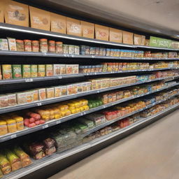 A range of healthy children's products, attractively displayed in refrigerated sections of a bustling shopping center.