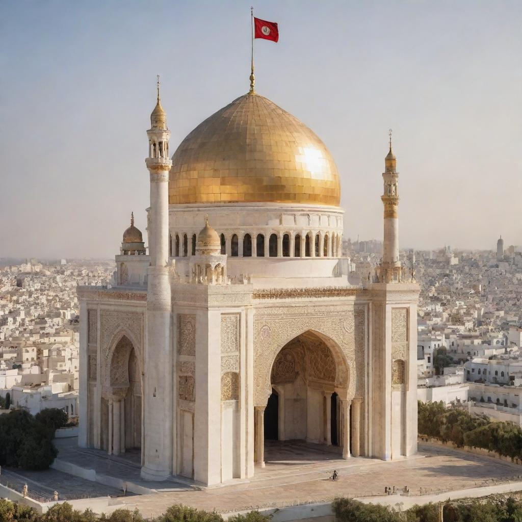 A grand empire inspired by Tunisia, flaunting an amalgamation of historical and cultural elements in its architectural marvels, flag designs, and regal attire, encompassing a vibrant capital and its majestic surroundings.