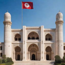 A grand empire inspired by Tunisia, flaunting an amalgamation of historical and cultural elements in its architectural marvels, flag designs, and regal attire, encompassing a vibrant capital and its majestic surroundings.