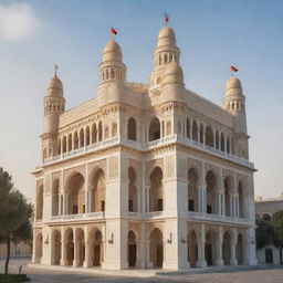 A grand empire inspired by Tunisia, flaunting an amalgamation of historical and cultural elements in its architectural marvels, flag designs, and regal attire, encompassing a vibrant capital and its majestic surroundings.