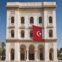 A grand empire inspired by Tunisia, flaunting an amalgamation of historical and cultural elements in its architectural marvels, flag designs, and regal attire, encompassing a vibrant capital and its majestic surroundings.