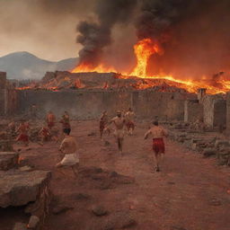 A vivid scene of the Pompeii eruption with terrified people frantically running and tripping over amidst the falling ash and fiery molten lava.