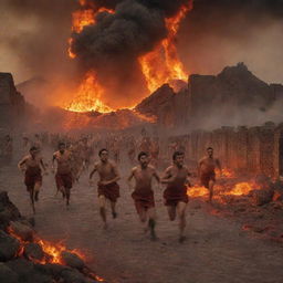 A vivid scene of the Pompeii eruption with terrified people frantically running and tripping over amidst the falling ash and fiery molten lava.