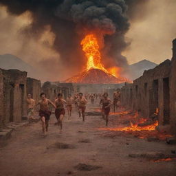 A vivid scene of the Pompeii eruption with terrified people frantically running and tripping over amidst the falling ash and fiery molten lava.