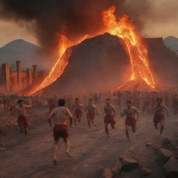 A vivid scene of the Pompeii eruption with terrified people frantically running and tripping over amidst the falling ash and fiery molten lava.