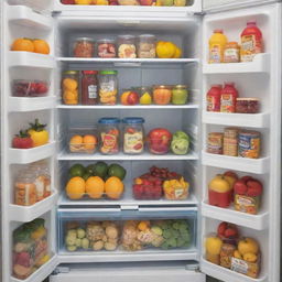 A refrigerator filled with innovative and appealing, healthy children's products, packed in colorful, child-friendly designs.