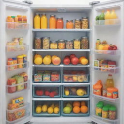 A refrigerator filled with innovative and appealing, healthy children's products, packed in colorful, child-friendly designs.