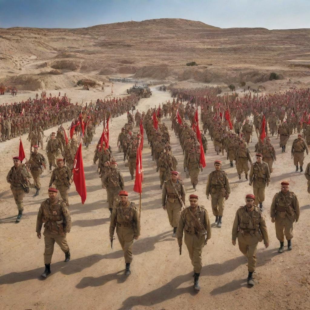 A detailed representation of Tunisia embodied as a well-disciplined, formidable army, with soldiers clad in uniforms decorated with elements representing the country's culture, history, and landscapes, assembled in formation across stunning Tunisian terrain.