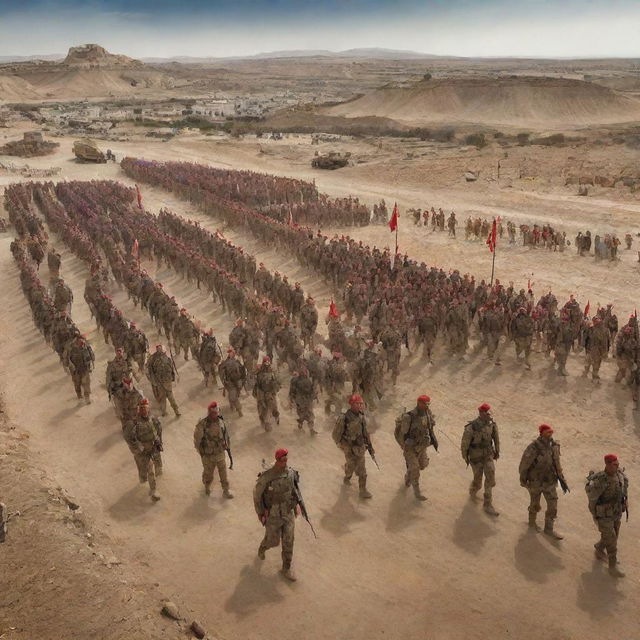 A detailed representation of Tunisia embodied as a well-disciplined, formidable army, with soldiers clad in uniforms decorated with elements representing the country's culture, history, and landscapes, assembled in formation across stunning Tunisian terrain.