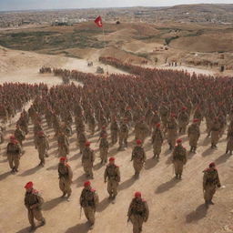 A detailed representation of Tunisia embodied as a well-disciplined, formidable army, with soldiers clad in uniforms decorated with elements representing the country's culture, history, and landscapes, assembled in formation across stunning Tunisian terrain.