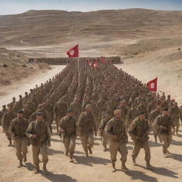 A detailed representation of Tunisia embodied as a well-disciplined, formidable army, with soldiers clad in uniforms decorated with elements representing the country's culture, history, and landscapes, assembled in formation across stunning Tunisian terrain.