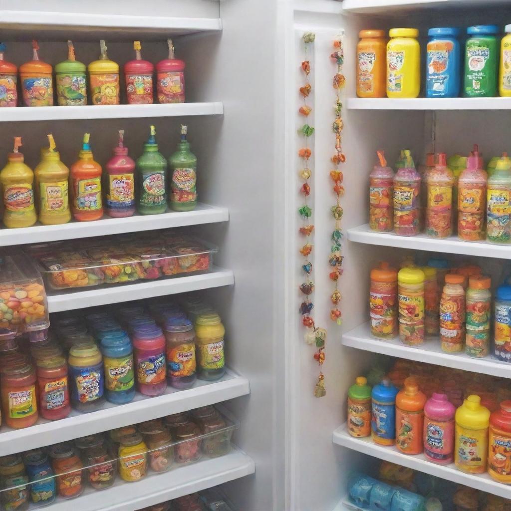 A refrigerator filled with creative and health-oriented children's products, enhanced by colorfully designed danglers drawing attention to them.