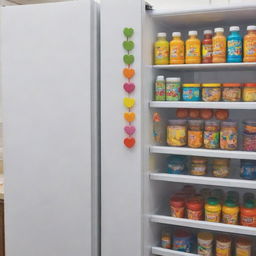 A refrigerator filled with creative and health-oriented children's products, enhanced by colorfully designed danglers drawing attention to them.