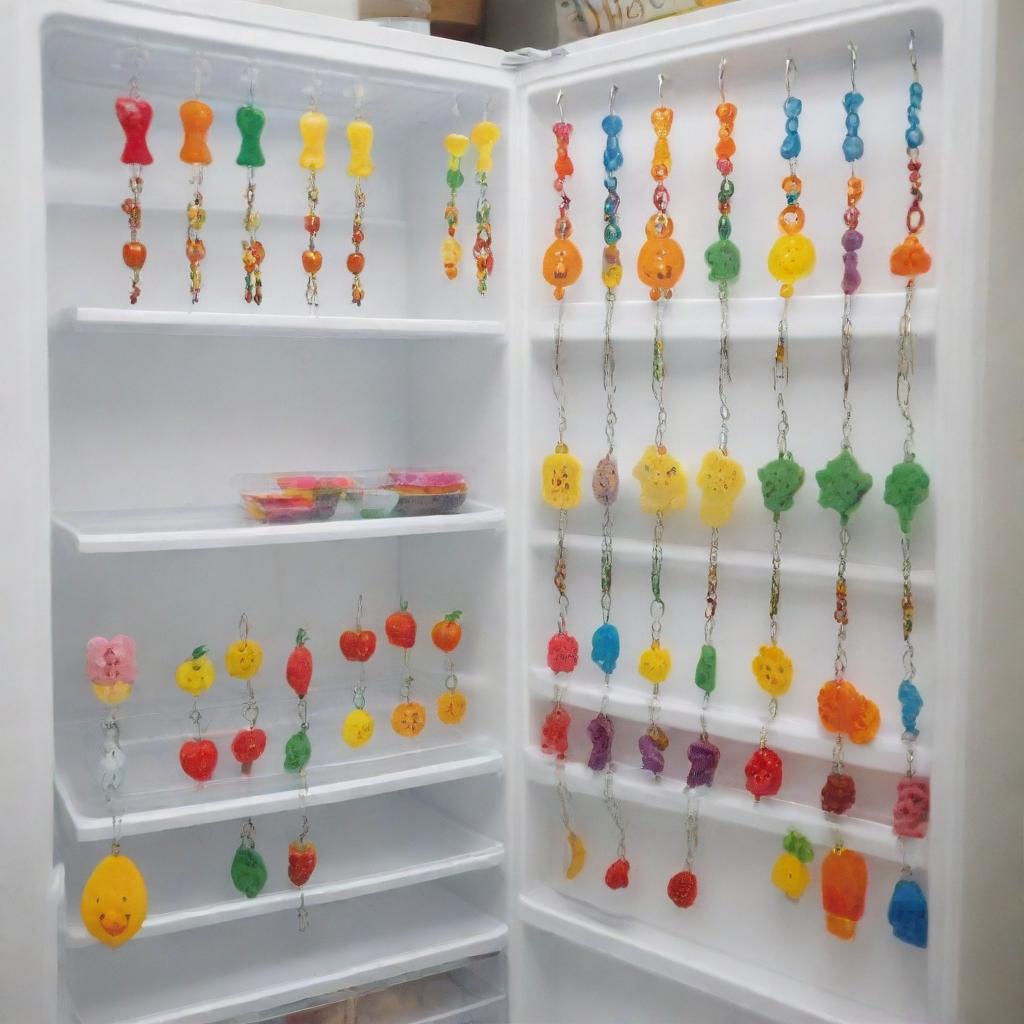 A refrigerator filled with creative and health-oriented children's products, enhanced by colorfully designed danglers drawing attention to them.