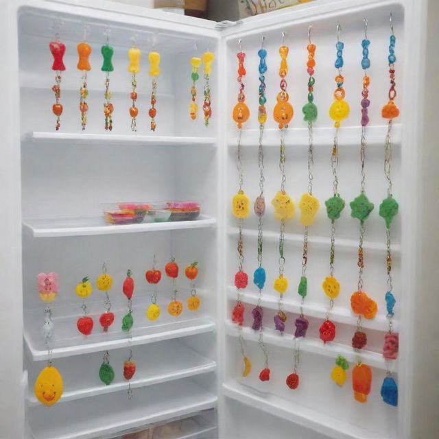 A refrigerator filled with creative and health-oriented children's products, enhanced by colorfully designed danglers drawing attention to them.