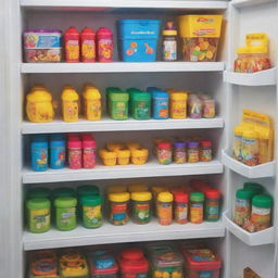 A refrigerator filled with creative and health-oriented children's products, enhanced by colorfully designed danglers drawing attention to them.