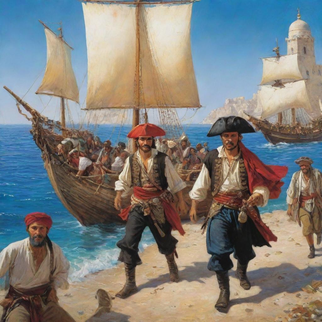 A lively, detailed scene of Tunisia embodied as a band of swashbuckling pirates, with attire and ship embellished with elements from historic and cultural Tunisia, sailing in the azure Mediterranean sea.