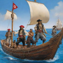 A lively, detailed scene of Tunisia embodied as a band of swashbuckling pirates, with attire and ship embellished with elements from historic and cultural Tunisia, sailing in the azure Mediterranean sea.