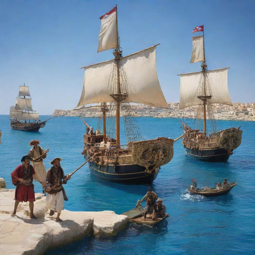 A lively, detailed scene of Tunisia embodied as a band of swashbuckling pirates, with attire and ship embellished with elements from historic and cultural Tunisia, sailing in the azure Mediterranean sea.