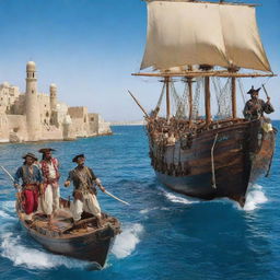 A lively, detailed scene of Tunisia embodied as a band of swashbuckling pirates, with attire and ship embellished with elements from historic and cultural Tunisia, sailing in the azure Mediterranean sea.