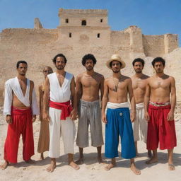 A well-constructed tableau of One Piece characters embodying Tunisian essence, with their outfits, behaviors and settings reflecting Tunisian culture, history and landscapes.