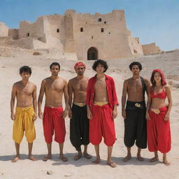 A well-constructed tableau of One Piece characters embodying Tunisian essence, with their outfits, behaviors and settings reflecting Tunisian culture, history and landscapes.