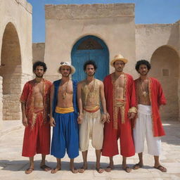 A well-constructed tableau of One Piece characters embodying Tunisian essence, with their outfits, behaviors and settings reflecting Tunisian culture, history and landscapes.