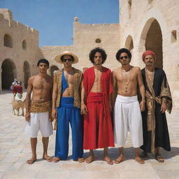 A well-constructed tableau of One Piece characters embodying Tunisian essence, with their outfits, behaviors and settings reflecting Tunisian culture, history and landscapes.