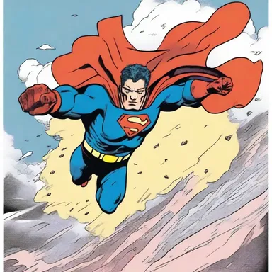 In the comic strip, the superhero swoops down from the sky, leaving a trail of destruction and a dust cloud behind.