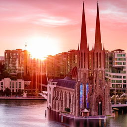 A striking architectural church set in a city landscape by the waterfront with towering steeples and beautiful stained glass windows reflecting the glimmering sunlight.