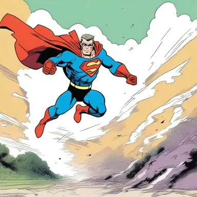 In the comic strip, the superhero swoops down from the sky, leaving a trail of destruction and a dust cloud behind.