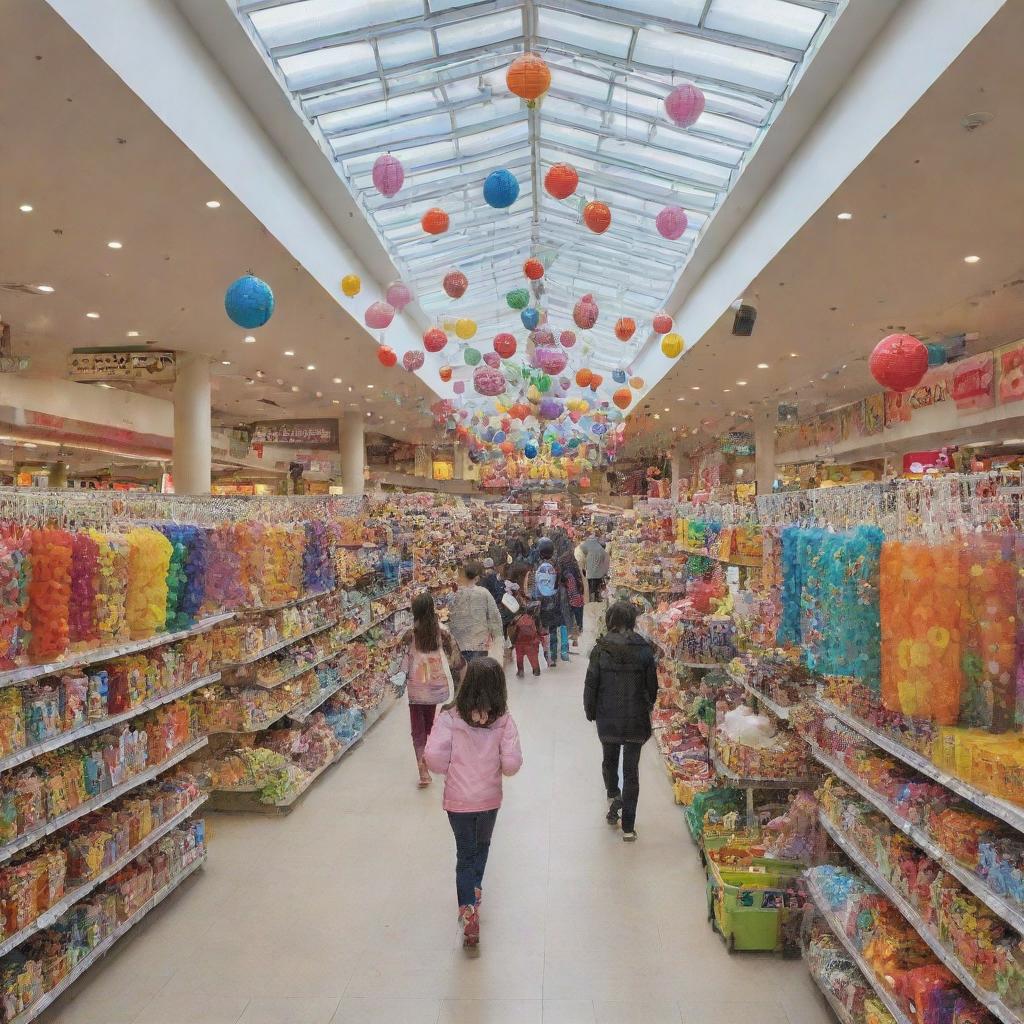 A bustling shopping center, adorned with colorful POP material danglers promoting a range of healthy children's products.