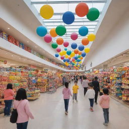 A bustling shopping center, adorned with colorful POP material danglers promoting a range of healthy children's products.