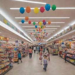 A bustling shopping center, adorned with colorful POP material danglers promoting a range of healthy children's products.