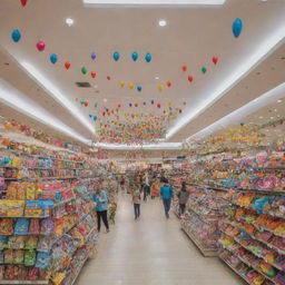 A bustling shopping center, adorned with colorful POP material danglers promoting a range of healthy children's products.