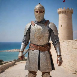 A gallant knight embodying Tunisia, donned in armour embellished with traditional Tunisian motifs, wielding a sword etched in historic symbolism against a backdrop of a scenic Tunisian landscape or notable landmark.