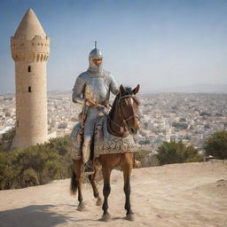 A gallant knight embodying Tunisia, donned in armour embellished with traditional Tunisian motifs, wielding a sword etched in historic symbolism against a backdrop of a scenic Tunisian landscape or notable landmark.