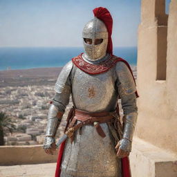 A gallant knight embodying Tunisia, donned in armour embellished with traditional Tunisian motifs, wielding a sword etched in historic symbolism against a backdrop of a scenic Tunisian landscape or notable landmark.