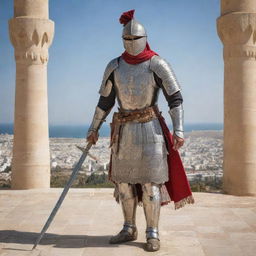 A gallant knight embodying Tunisia, donned in armour embellished with traditional Tunisian motifs, wielding a sword etched in historic symbolism against a backdrop of a scenic Tunisian landscape or notable landmark.